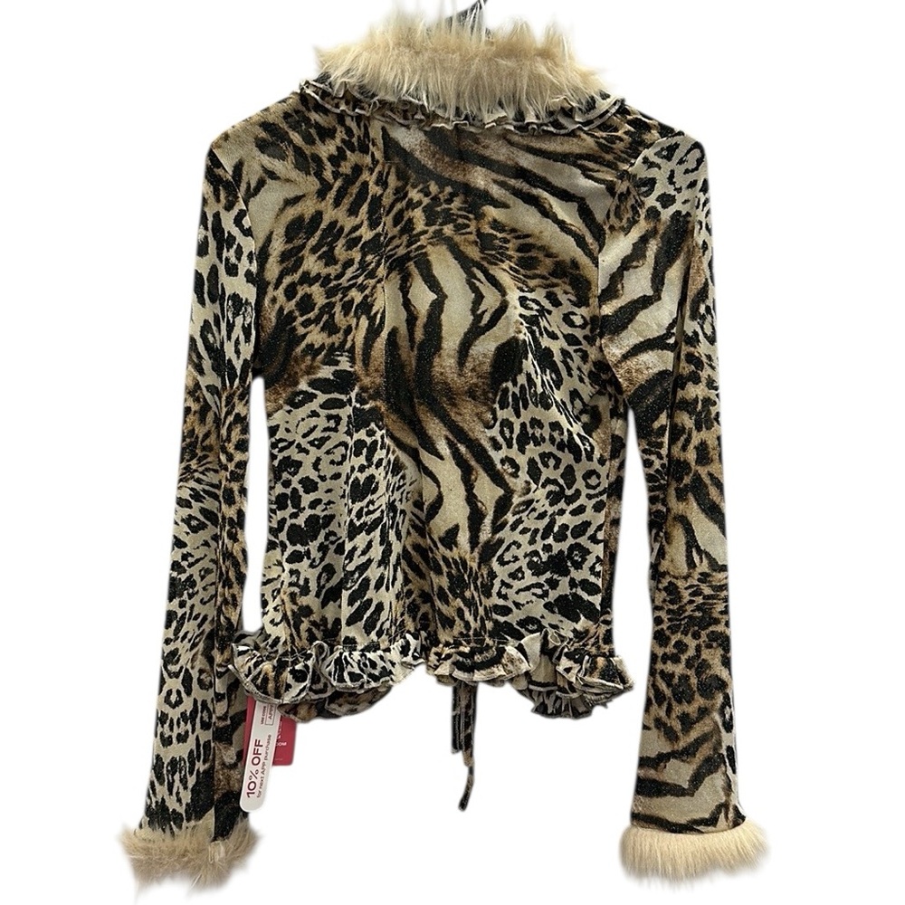 Leopard Print Faux Fur Long Sleeve Tie Front Ruffle Lightweight Cardigan Top M - Picture 12 of 15